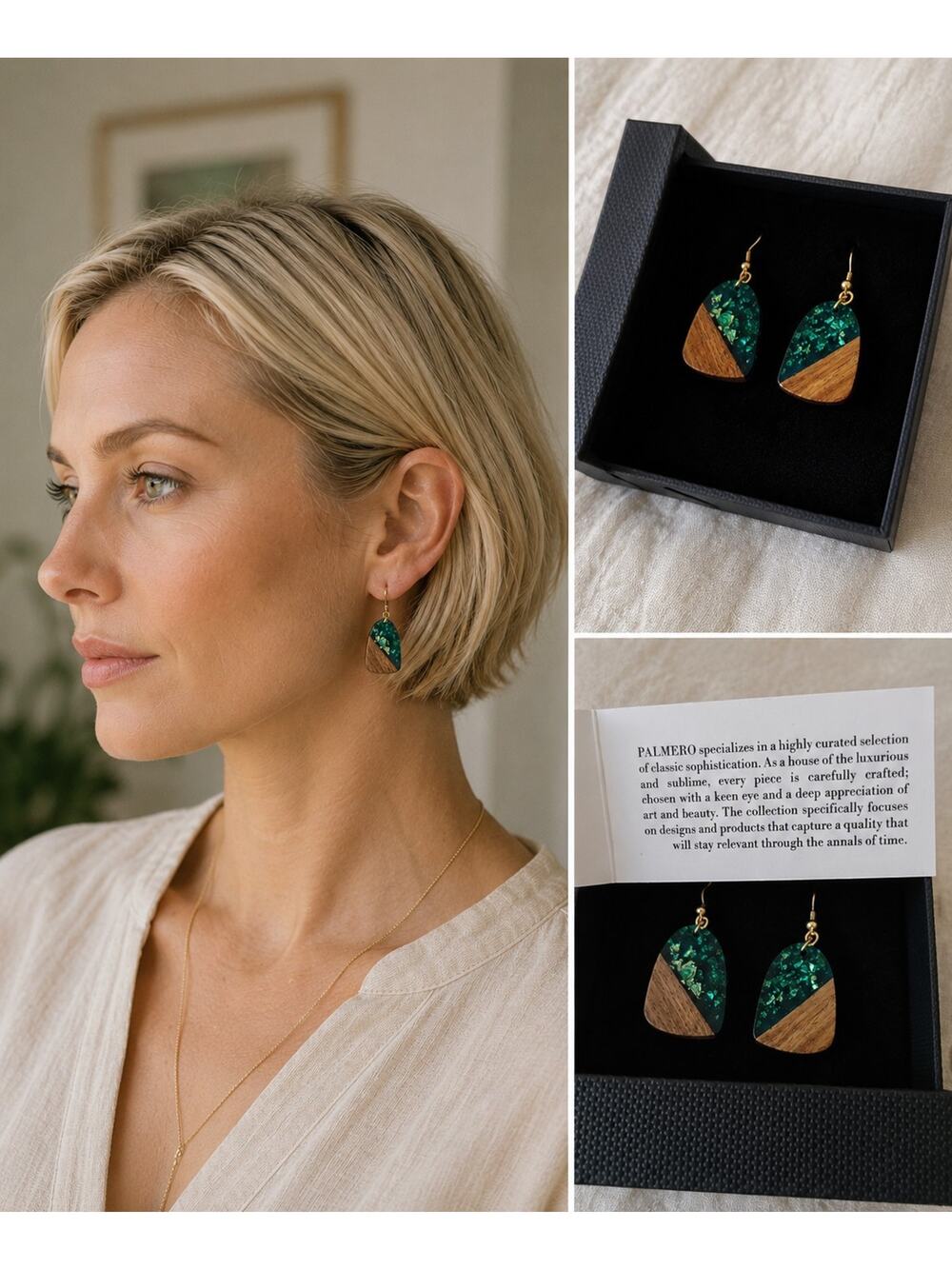 Title PALMERO Wood & Emerald Resin Earrings NIB Artisan Dangle Earrings MSRP...